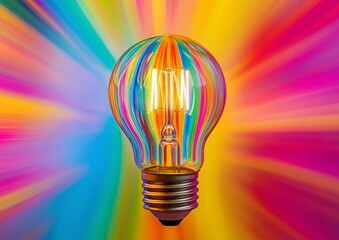 Poster - Colorful Light Bulb with Bright Rainbow Rays in Vibrant Background for Creative and Inspirational Concepts