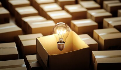 Poster - Light Bulb Illuminating a Cardboard Box Surrounded by Unopened Shipping Boxes in a Warehouse Setting