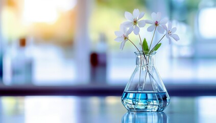 Poster - Fresh White Flowers in a Glass Vase with Blue Water on Bright Kitchen Table with Soft Natural Light and Blurry Background