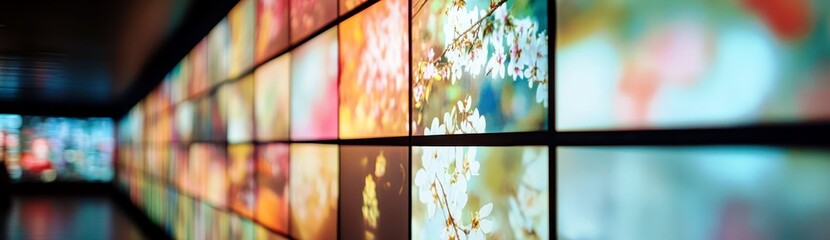 Poster - Vibrant Abstract Gallery Displaying Colorful Artworks with Blurred Backgrounds in a Modern Exhibition Space