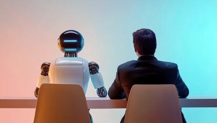 Poster - Human and Robot Sitting Side by Side in a Modern Workspace Environment Reflecting Collaboration Between Technology and Humanity