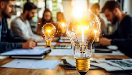 Poster - Bright Ideas Generate New Concepts During Creative Team Meeting with Light Bulbs Floating Above Conference Table in Modern Office Setting