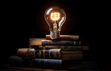 Poster - Glowing Light Bulb Containing Brain Design Above Stack of Old Books Representing Knowledge and Creativity in a Dark Background