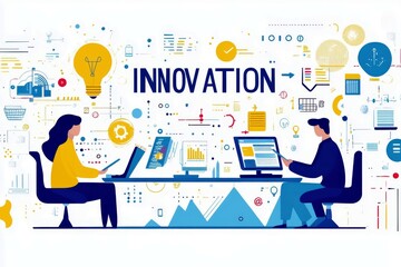Poster - Modern Workplace Collaboration on Innovation Strategies with Creative Professionals Working at Computer Desks Surrounded by Graphic Elements and Charts