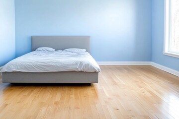 Poster - Empty bedroom with light blue walls and hardwood floors