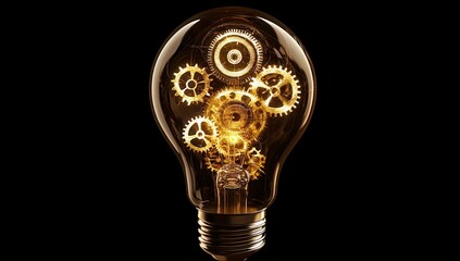 Poster - Lightbulb with Turning Gears Symbolizing Innovation and Ideas in a Dark Background, Conceptual Image of Creativity and Engineering