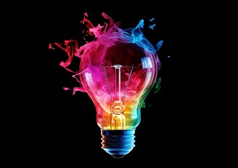Poster - Colorful light bulb with vibrant smoke effects swirling around in a dynamic explosion of energy and creativity against a dark background