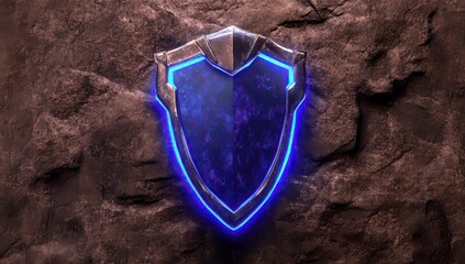 Poster - Futuristic Shield Design with Glowing Blue Accent on Rough Stone Background Perfect for Digital Art, Gaming, and Security Themes Promotional Material