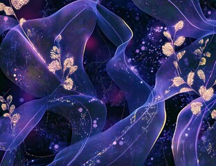Poster - Abstract Purple and Blue Background with Delicate Floral Elements and Wavy Lines for Creative Design and Aesthetic Visual Projects