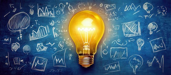 Poster - Bright Light Bulb Illuminating Creative Ideas and Business Concepts with Graphs, Charts, and Drawings on Blue Background for Inspiration and Innovation