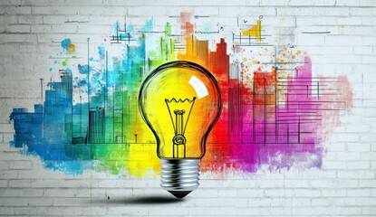 Poster - Colorful light bulb illustration with bright paint splashes on a white brick wall, symbolizing creativity, ideas, and innovation in modern design