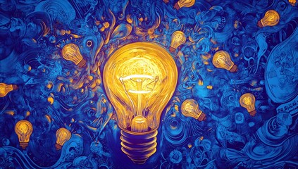 Poster - Creative Light Bulbs Illustration with Vibrant Blue Background and Artistic Swirls Representing Ideas and Inspiration in a Whimsical Style