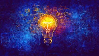 Poster - Creative and Inspirational Illustration of a Light Bulb Against a Colorful Abstract Background with Sketches, Offering Ideas and Innovation Concepts