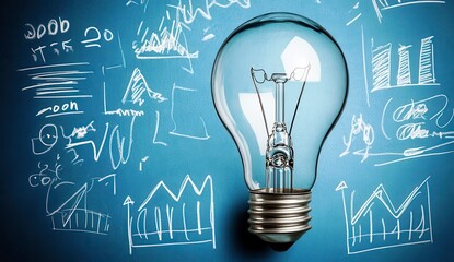 Poster - Light Bulb on Blue Background with Abstract Business Charts and Drawings Illustrating Ideas and Innovation in Modern Economy Concept