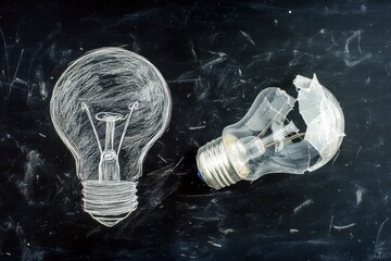 Poster - Conceptual illustration of a chalk drawing of a light bulb next to a broken glass light bulb, symbolizing innovation and failure on a black chalkboard background