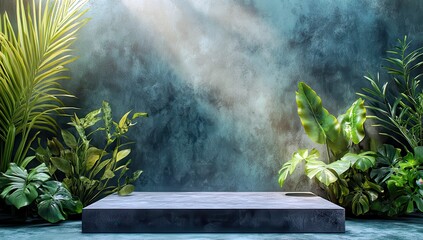 Poster - Fresh Green Plants on a Minimalist Display Platform with Concrete Texture and Soft Light Effects in a Vibrant Indoor Space