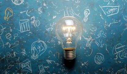 Poster - Light Bulb Icon Symbolizing Innovation and Creativity with Blue Background and Hand-Drawn Sketches of Ideas and Concepts for Abstract Design