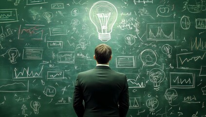 Poster - Businessman in Suit Standing Before Chalkboard Filled with Ideas, Charts, and Lightbulb Illustrations Representing Innovation and Creativity in the Workplace