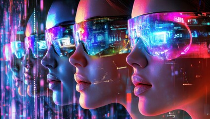 Poster - Futuristic Portraits of Diverse Women With High-Tech Glasses Against a Vibrant Digital Background Emphasizing Innovation and Technology