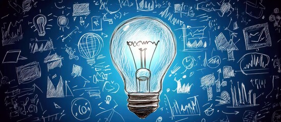 Poster - Creative Concept of Light Bulb Surrounded by Various Business and Idea Illustrations on a Blue Background
