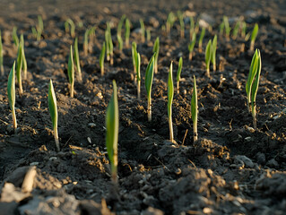 Poster - Young sprouts emerge from dark soil at sunset