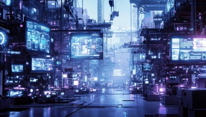 Poster - Futuristic digital cityscape with neon lights, screens displaying data, technology elements, and a vibrant cyberpunk atmosphere at dusk