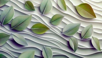 Poster - Green Leaves on Textured Background with Soft Waves and Subtle Shadows Creating a Calming and Natural Atmosphere for Background or Decor Use