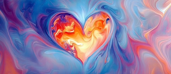 Poster - Abstract heart shape formed by vibrant swirling colors of blue, orange, and pink, creating a mesmerizing visual effect of love and passion in digital art.