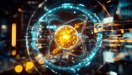 Poster - Vibrant Digital Representation of an Atom with Luminous Nucleus and Glowing Electron Paths in a High-Tech Background