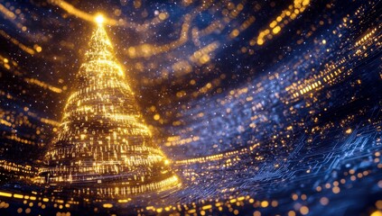 Aufkleber - Glowing Digital Christmas Tree with Sparkling Lights Against a Dark Background for Holiday Celebrations, Festive Decorations, and Seasonal Marketing Campaigns