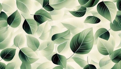 Poster - Artistic illustration of fresh green leaves scattered on a light background, showcasing vibrant textures and a soothing natural aesthetic