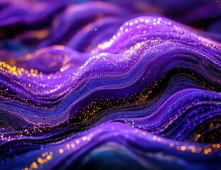 Poster - Abstract composition of flowing waves in vibrant purple tones with shimmering golden particles creating a magical and dreamy atmosphere