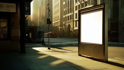 Poster - Urban Empty Sidewalk Scene with Blank Billboard and Soft Morning Light in a Serene City Environment