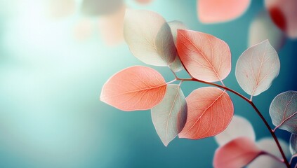 Poster - Delicate Soft Focus Leafy Branch with Pink and Aqua Colors in Nature's Tranquility, Perfect for Backgrounds and Natural Themes