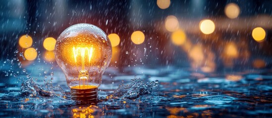 Poster - Illuminated Light Bulb in Rainy Setting with Glowing Filament Creating Reflective Water Surface and Soft Bokeh Background