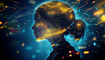 Poster - Abstract silhouette of a woman with glowing lines and particles representing technology, creativity, and the digital mind in a vivid artistic composition