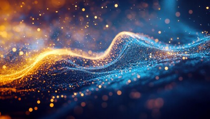 Poster - Vibrant Dynamic Waves of Colorful Light Particles Creating an Abstract Background in Blue and Orange with Golden Sparkles for Creative Projects