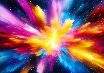 Poster - Vibrant Explosion of Colorful Abstract Art in Cosmic Space with Bright Hues and Starry Background, Creating a Dreamlike and Energetic Atmosphere