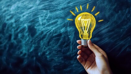 Poster - Hand Holding a Sketch of a Light Bulb Against a Dark Chalkboard Background Representing Ideas, Creativity, and Innovation Concepts