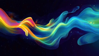 Poster - Colorful Abstract Waves of Light and Energy Flowing Through a Dark Cosmic Background in a Vibrant Display of Blue, Orange, and Yellow Hues