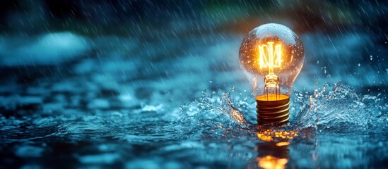 Poster - A Glowing Light Bulb Emerges from Rainy Water with Dramatic Splash and Radiant Glow, Symbolizing Innovation and Hope Amidst Nature's Elements
