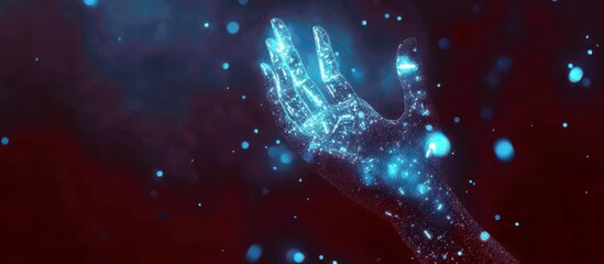 Poster - Futuristic Glowing Hand with Digital Particles Representing Technology and Innovation, Cybernetics, and the Concept of Connectivity in a Virtual World