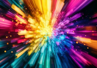 Poster - Vibrant Color Explosion with Dynamic Light Rays and Bokeh Effects in a Luminous Abstract Background for Creative Projects