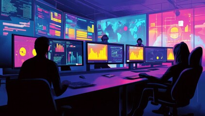 Poster - Futuristic Data Analytics Control Room with Colorful Visualizations and Tech Professionals in a Modern Work Environment