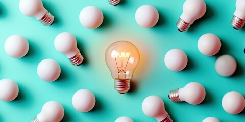 Poster - Unique light bulb among scattered bulbs on vibrant turquoise background, symbolizing ideas, creativity, and innovation in modern design and technology concepts