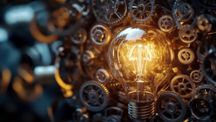 Poster - Vintage Light Bulb Surrounded by Intricate Mechanical Gears Representing Innovation and Creativity in Industrial Design with Warm Glow