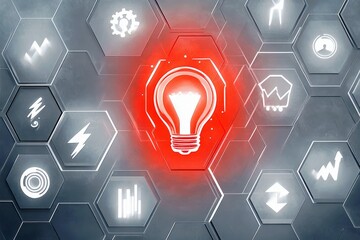 Poster - Creative light bulb icon in a hexagonal pattern showcasing innovation and technology concepts with abstract graphics and symbols for inspiration and ideas
