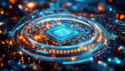 Poster - Abstract close-up of a futuristic computer chip surrounded by glowing circuits in blue and orange, showcasing modern technology and digital innovation.