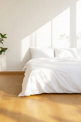 Wall Mural - White bedroom interior with sunlight, clean bedding, and wooden floor