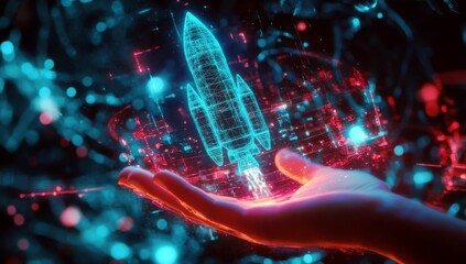 Poster - Futuristic Hand Holding Digital Rocket Launching into Space with Neon Lights and Circuit Pattern in Abstract Technology Background
